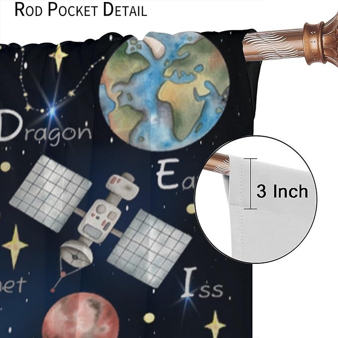 Cartoon Kids Alphabet Astronaut Curtain，Retro Cute Cosmic Galaxy Letter Printed Rod Pocket Window Treatments for Boys Girls Bedroom Living Room School Decor 42" W X 45" L