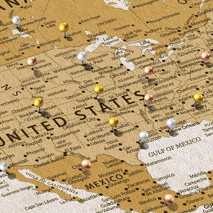 ElephantStock - Personalized Travel Push Pin World Map Wall Art - Horizontal Canvas Wall Art - Living Room Wall Decor - Digital Art Map Canvas Art - Orange And Beige Decor - 12" x 8"