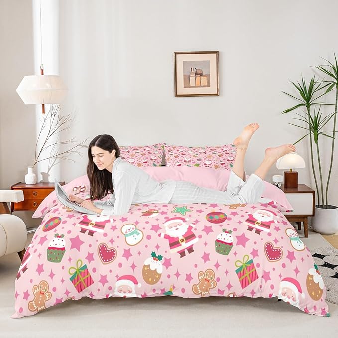 Feelyou Pink Christmas Duvet Cover Full Size Cartoon Santa Claus Gingerbread Man Bedding Set for Boys Girls Snowman Xmas Decor Comforter Cover Reversible Pink Bedroom Decor 3Pcs