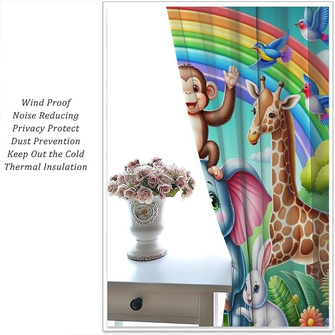 Animals Window Curtain Rod Pocket Kids Boys Girls Forest Giraffe Elephant Monkey Flowers Window Treatment for Baby Children Bedroom Living Room 84" W X 84" L