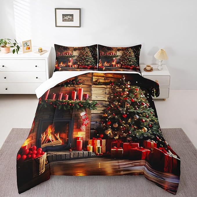 Merry Christmas Comforter Set King Size,3D Christmas Fireplace Christmas Tree Duvet Insert for Kids Boys Girls Room Decor,Xmas Theme Bedding Set 3Pcs,Retro Wooden Stripes Quilt Set,2 Pillowcases