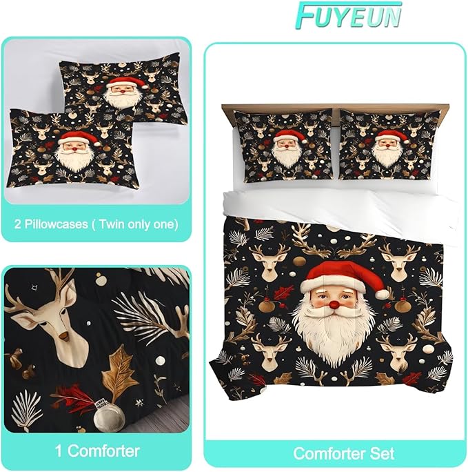 Black Christmas Bedding Set Santa Claus Comforter Full/Queen Size for Kids Girls Women Xmas Reindeer Holiday Bedroom Quilt Bed Sets, 1 Comforter 2 Pillowcases