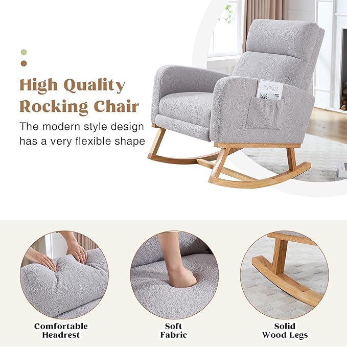 Rocking Chair Nursery with Foot Rest, Teddy Nursing Rocking Chairs for Mom Nursery, Rocker Glider Chair with Footrest for Living Room, Bedroom, Light Gray