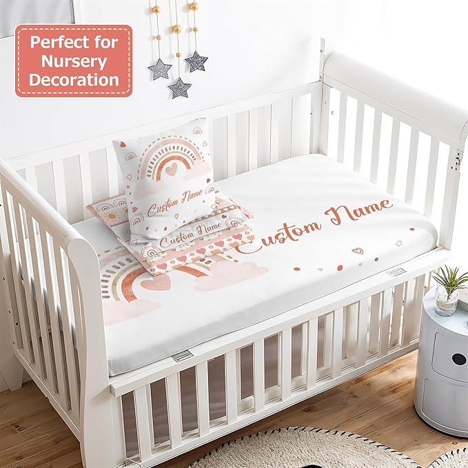 Personalized Baby Crib Bedding Set,3 Piece Custom Name Nursery Set with Blanket, Fitted Sheet & Pillowcase for Baby Girls & Boys, Boho Rainbow Theme(Fixed Size)