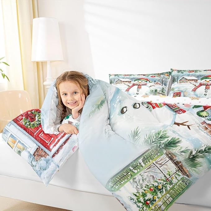 Castle Fairy Merry Christmas Comforter Set Toddler Size,Watercolor Cute Snowman Pine Trees Bedding Set for Kids Boys Girls,Xmas Cartoon Decor Rustic Farm Natural Quilted Duvet Set with 1 Pillowcase