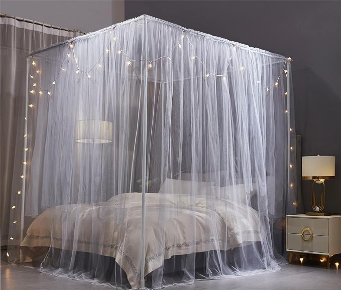 VETHIN 4 Corners Post Princess Bed Canopy Curtain Double Layer Cozy Drape Netting 4 Opening Mosquito Net for Girls & Adults Bedroom Decoration Accessories (Double Gray, 47" W*78" L*82"*H/Twin)