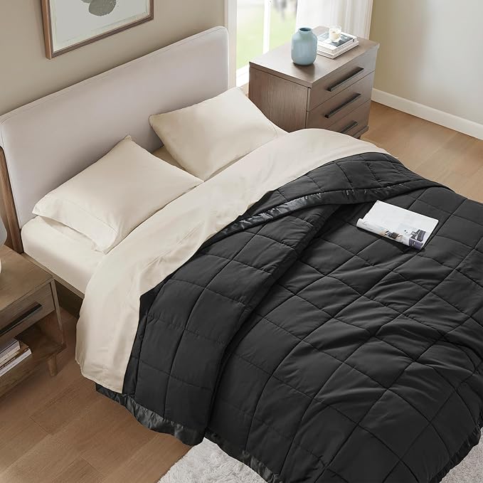 Madison Park King Size Blanket Ultra-Soft Microfiber King Size, Box Quilting with Satin Binding, All Season & Lightweight King Summer Blanket for Bed, Couch & Sofa, King, Balck