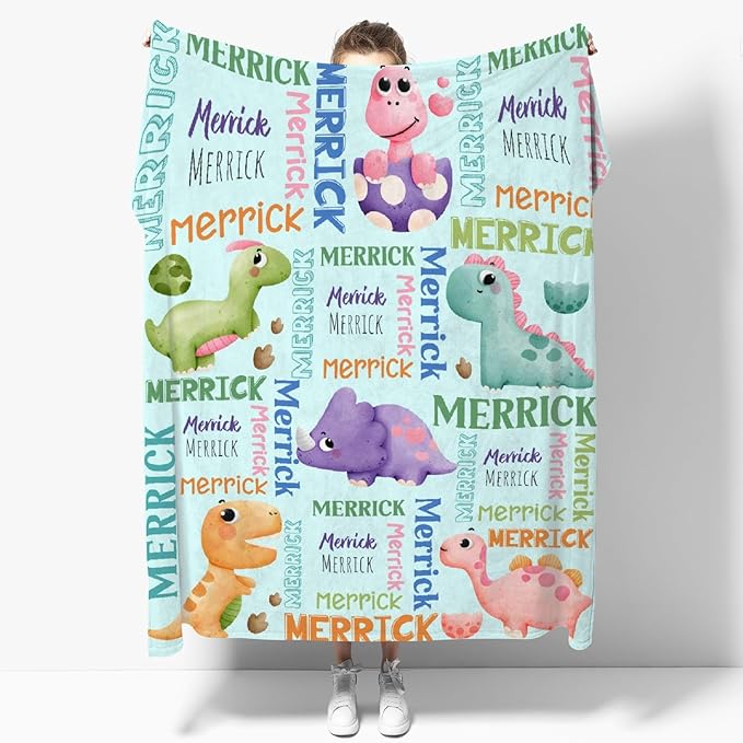 Dinosaur Lover Personalized Blanket with Custom Baby Dinosaur Custom Name Flannel Blanket Soft Throw Meaningful Gift for Toddlers Girls Boys Kids Pets 120 * 90" XL for Family