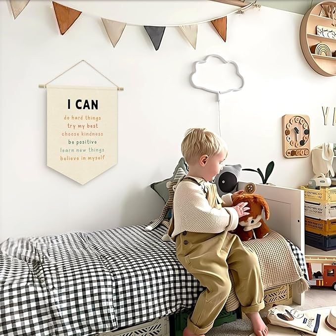 Affirmations Wall Hanging Art for Kids, I Can Do Hard Things,Nursery Decor, Classroom Decor Canvas Banner, Kids Affirmations Nursery Wall Art Canvas Hanging Pennant Flag Banner 15x11in