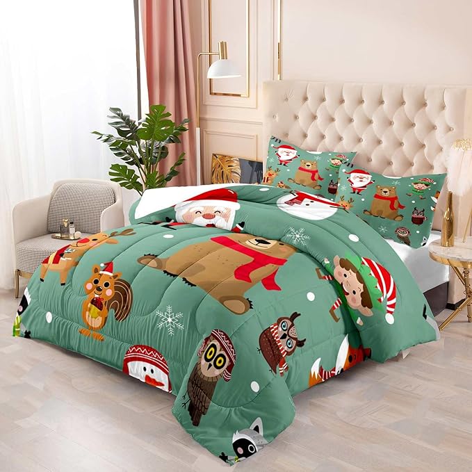LUVIVIHOME 2PCS Merry Christmas Comforter Set Twin Size, Boys Girls Kids Bedding, Green Quilt, Funny Cute Cartoon Santa Claus Elf Owl Elk Reindeer Squirrel Xmas Christmas Bedroom Decor, 1 Pillow Sham
