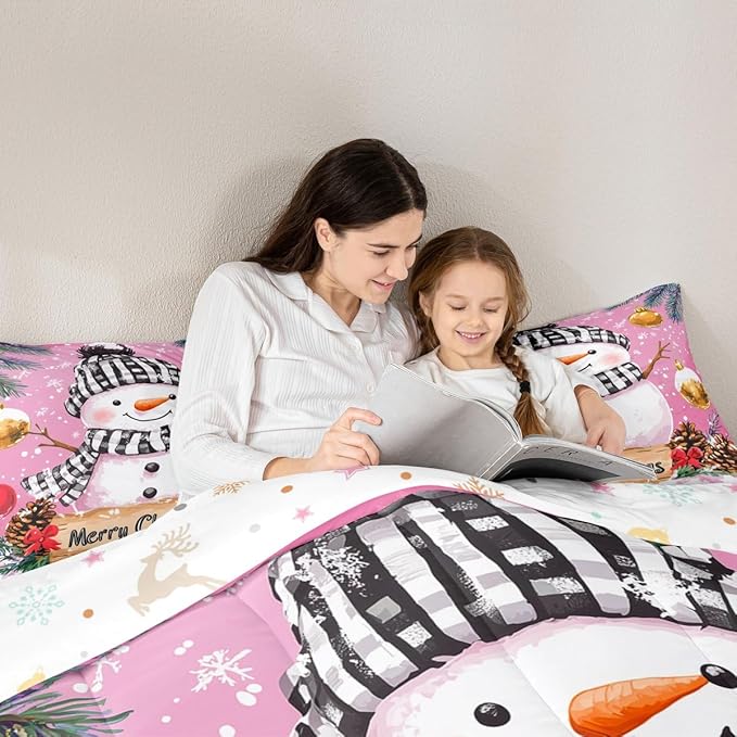 Feelyou Merry Christmas Bedding Set Soft for Boys Girls, Cute Snowman Comforter Set Twin Size Snowflake Duvet Quilt Microfiber Winter Bedroom Decor 2 Pcs with 1 Pillow Cases