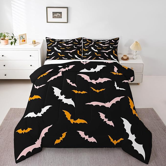 Erosebridal Bat Bedding Set Happy Halloween Comforter Set King Size for Kids Boys Bedroom Pink and Orange Bat Quilt Gothic Spooky Style Duvet Insert with 2 Pillow Cases