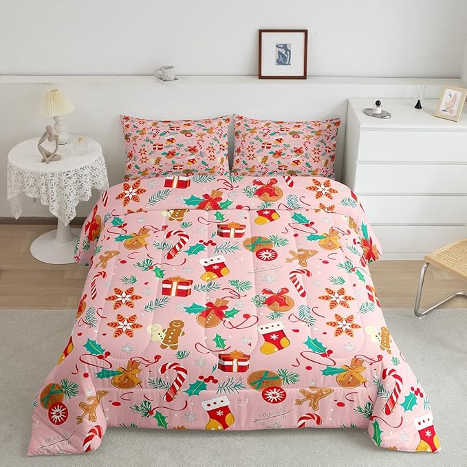 Feelyou Cute Gingerbread Man Bedding Set for Kids Boys Girls Full Size Comforter Set Ultra Soft Winter Christmas Comforter Xmas Duvet Quilt Bedroom Decor Christmas Decor Quilt