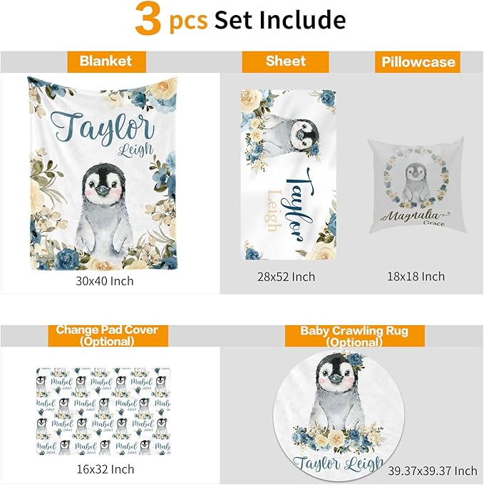 Custom Crib Bedding Set - Penguin Design Personalized Name Baby Nursery Bedding 3 Pcs Set - Chic Soft Blanket, Sheet, Pillowcase for Newborns Boys Girls Gifts Color16