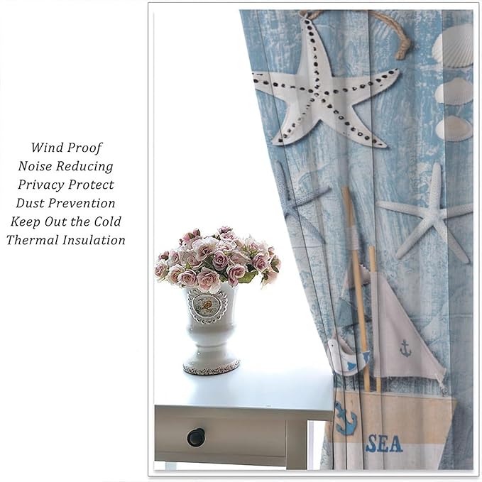 Nautical Curtain,Navy Anchor Sailing Map Starfish Seashells Bedroom Curtain,Waterproof Washable Fabric for Bedroom Decor Set 2 Panels,55x63 Inches