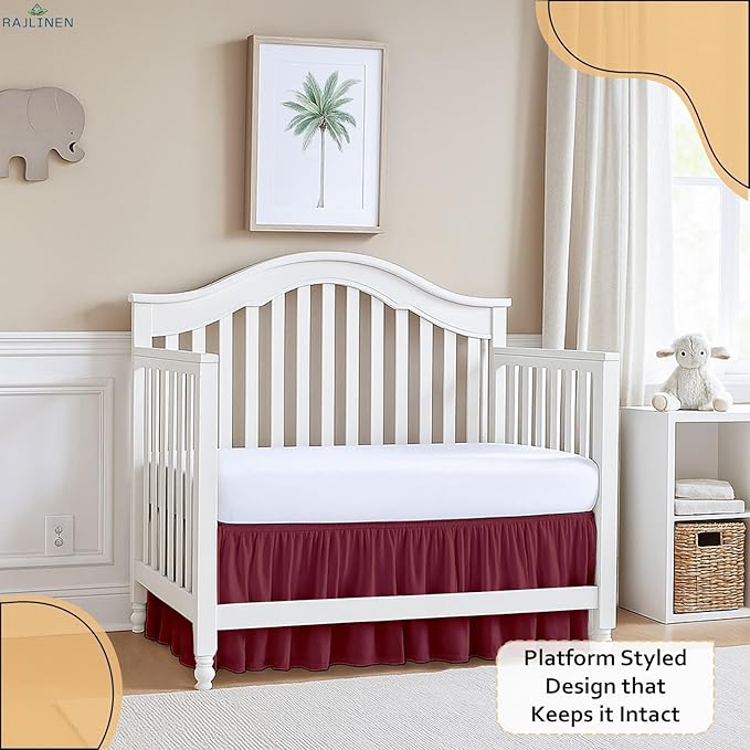 Rajlinen Ruffled Crib Bed Skirt, Microfiber, Dust Ruffle with Split Corners, 14" Drop, Nursery Toddler Bedding for Baby Boys or Girls, Burgundy