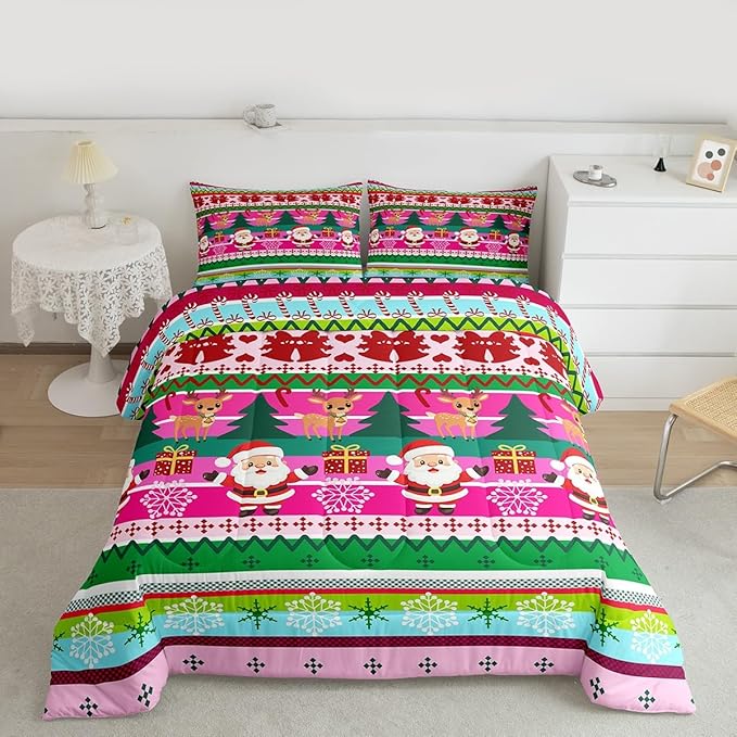 Feelyou Merry Christmas Comforter Set All Season Santa Claus Bedding Set with 2 Pillow Cases Cute Deer Microfiber Kids Queen Bedclothes Snowflake Bedroom Decor Duvet Quilt Breathable Soft