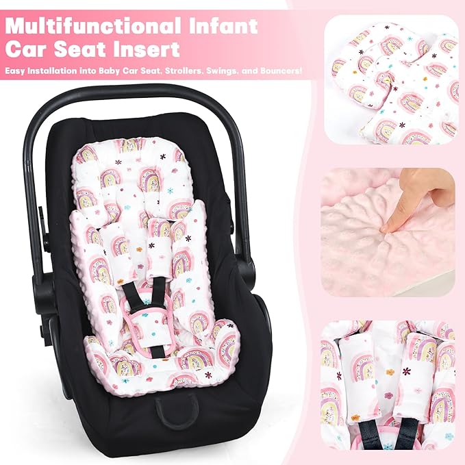 Infant Car Seat Insert with 3 Strap Covers, 3 in 1 Reversible Rainbow Baby Car Seat Head Support for Newborn, Baby Girl Newborn Essentials for Preemie to Infant, Stroller, Swing, Bouncer (Pink)