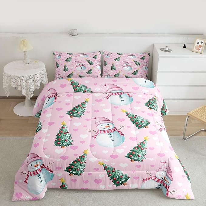 Feelyou Merry Christmas Comforter Set All Season Cute Snowman Bedding Set with 1 Pillow Cases Christmas Tree Microfiber Kids Toddler Bedclothes Love Hearts Duvet Quilt Breathable Soft Lightweight