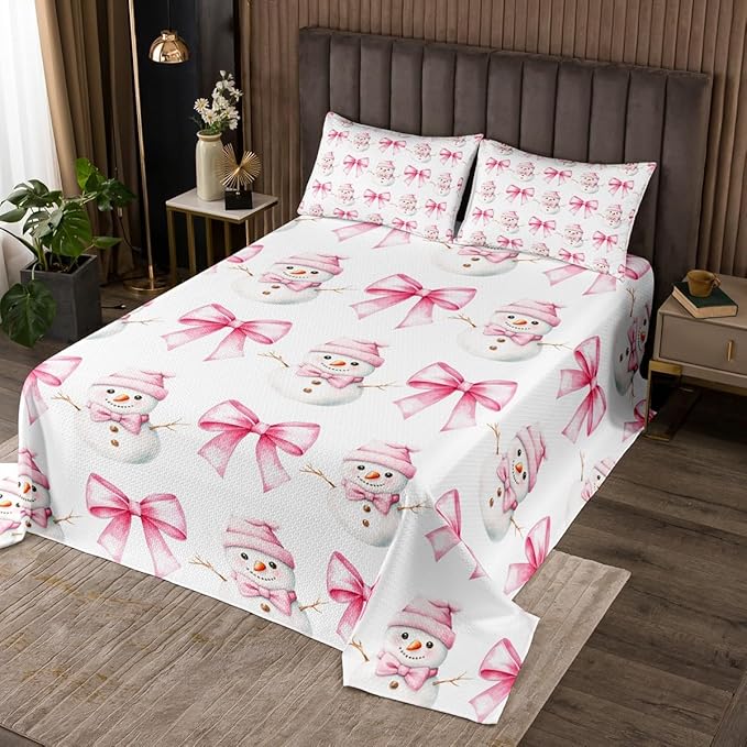 Cartoon Snowman Kids Bedspread Queen Size,Pink Bowknot Bow Tie Princess Toddler Coverlet Set,Girls Women Room Decor,Merry Christmas Xmas Bow Quilted Coverlet,New Year Bedding Quilt,2 Pillowcases