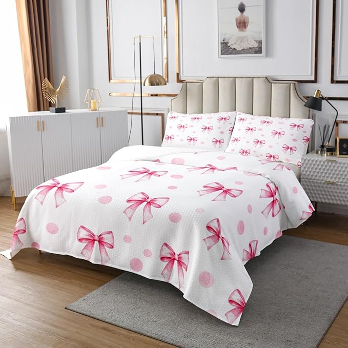 Pink Bow Princess Bedspread King Size,Bowknot Geometric Dots Toddler Coverlet Set,Girls Women Room Decor,Butterfly Knot Bow Tie Romantic Quilted Coverlet,White Simple Bedding Quilt,2 Pillowcases