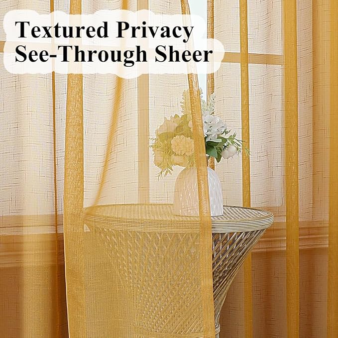 Mustard Gold Sheer Curtains 84 Inches Long 2 Panels, Textured Linen Look Pinch Pleated Drapes, Vintage Yellow Light Filtering Window Treatments, Sliding Glass Door Curtain Back Tab
