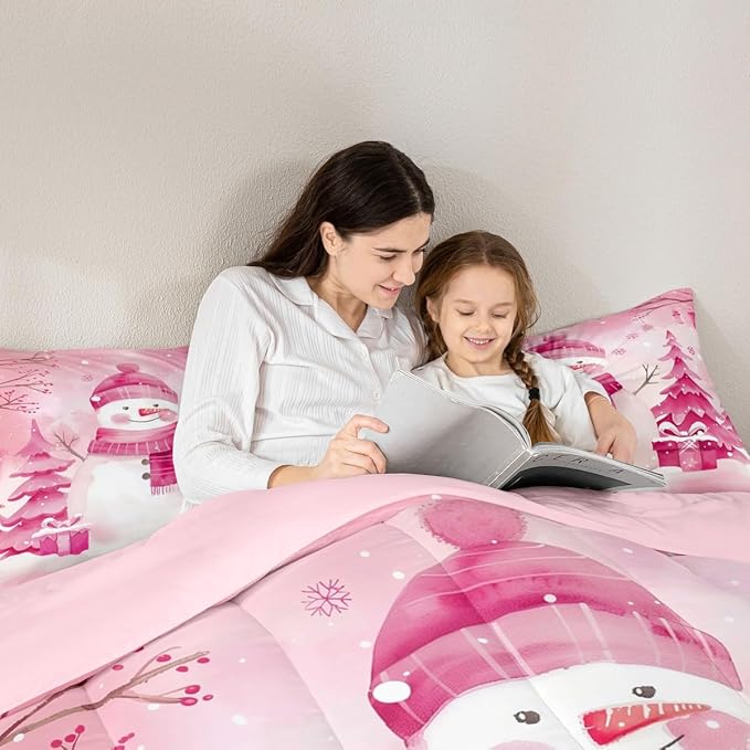 Feelyou Pink Christmas Comforter Set Queen Size Snowman Bedding Set for Kids Boys Girls Cute Snowflake Duvet Quilt Merry Christmas Tree and Snowman Room Decor 3 Pcs with 2 Pillow Cases