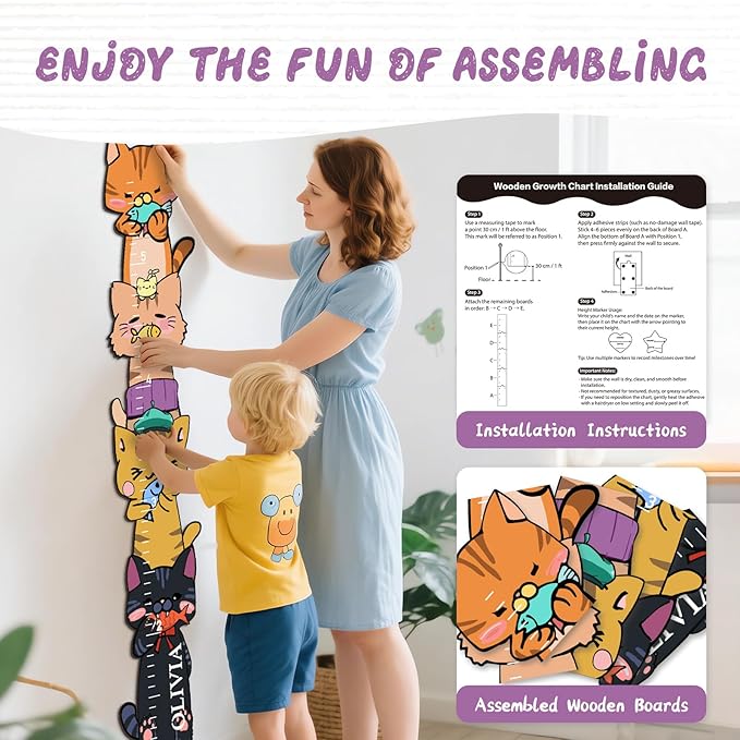 Personalized Name Growth Chart for Wall, Kitten Eating Fish Wooden Height Chart, Thick Height Measuring Board for Boys and Girls, Measurement Ruler for Kids, Easy to Install