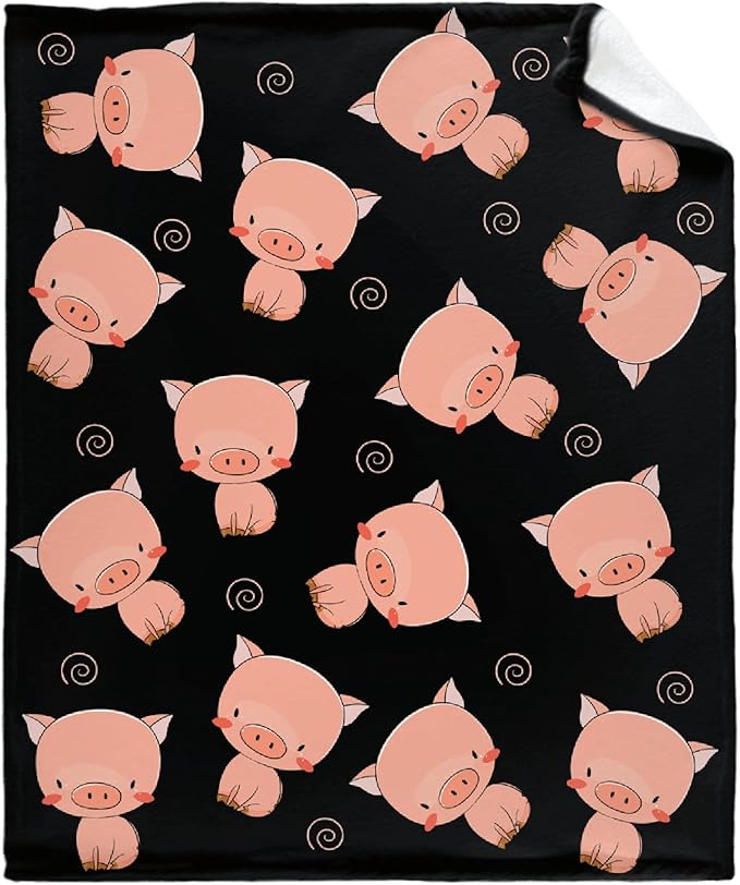 Thuswarm Cute Piggy Kawaii Pig Black Flannel Throw Blanket Warm Cozy Soft Funny Print Blankets for Bed Couch Sofa Room Decoration Gifts 80"×60" Large for Adult
