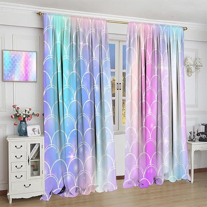 Mermaid Blackout Curtains, Kids Cartoon Blue and Pink Ocean Mermaid Scale Pattern Decoration for Girls Bedroom Nursery Curtains 42x44 Inch