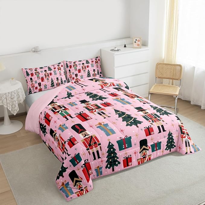 Feelyou Nutcracker Comforter Set All Season Merry Christmas Tree Bedding Set with 2 Pillow Cases Snowflake Kids King Bedclothes Soldier Print Decor Duvet Quilt Soft Lightweight