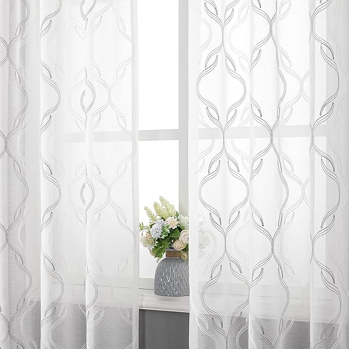 VISIONTEX Sheer Curtains 95 Inches Long 2 Panels Set, Grey and Ivory Moroccan Embroidery Texture Geometric Rod Pocket White Voile Tulle Semi Window Treatment Pair for Bedroom, W54 x L95