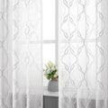 VISIONTEX Sheer Curtains 95 Inches Long 2 Panels Set, Grey and Ivory Moroccan Embroidery Texture Geometric Rod Pocket White Voile Tulle Semi Window Treatment Pair for Bedroom, W54 x L95