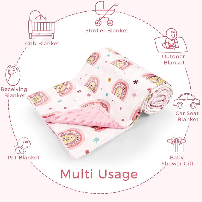 Pea Pod Baby Girls Blanket Soft Rainbow Minky Blanket for Newborn, 30'' x 40'' Double Layer Design, Dotted Backing Warm Baby Quilt Crib Blanket for Nursery/Stroller/Toddler Bed/Baby Car Seat