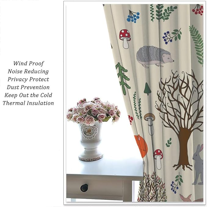 Kids Forest Animal Curtains, Rustic Cute Wild Animal Fox Deer Hedgehog Window Treatments Farmhouse Woodland Window Drapes for Girls Boys Nursery Toddler Bedroom 42x45in