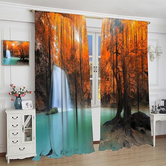 Forest Waterfall Blackout Curtains, Fall Leaves Trees Jungle Autumn Stream Country Nature Landscape Scenery Window Drapes, for Bedroom Living Room 42" W X 54" L