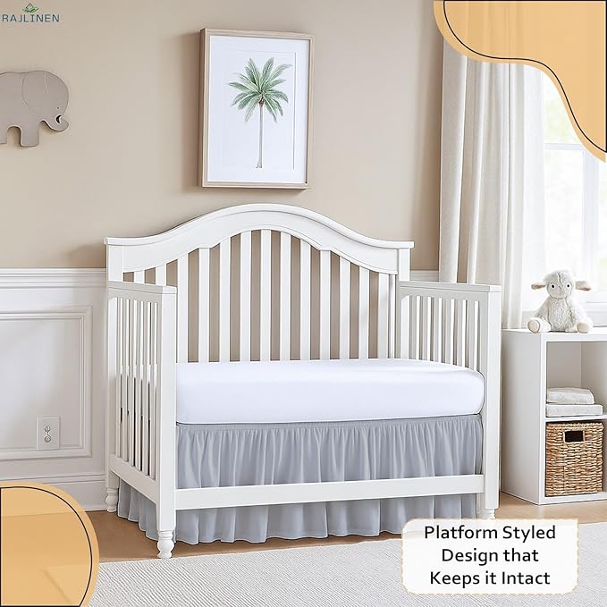 Rajlinen Ruffled Crib Bed Skirt, Microfiber, Dust Ruffle with Split Corners, 14" Drop, Nursery Toddler Bedding for Baby Boys or Girls, Light Grey
