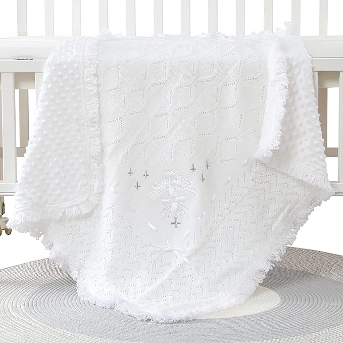 Booulfi Baby Christening Blanket Newborn White Baby Blanket Shawl Neutral Knitted Baptism Blankets for Babies Fleece Lined Winter Warm Blankets,Size 37x39 “