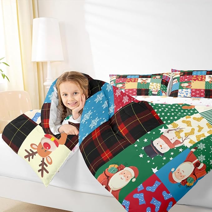 Feelyou Patchwork Christmas Bedding Set Soft for Boys Girls, Santa Claus Reindeer Comforter Set Toddler Size Snowman Duvet Quilt Microfiber Snowflake Bedroom Decor 2 Pcs with 1 Pillow Cases