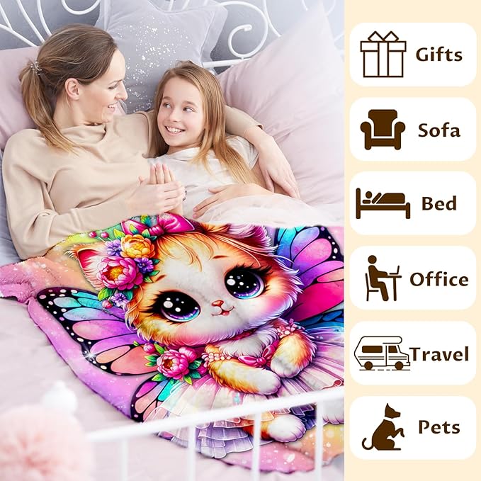 Girls Blanket, Cat Throw Blankets for Kids Teens Cat Lovers 50x60 Inches Lightweight Soft Cute Rainbow Print Throw for Sofa Couch Living Room Bed