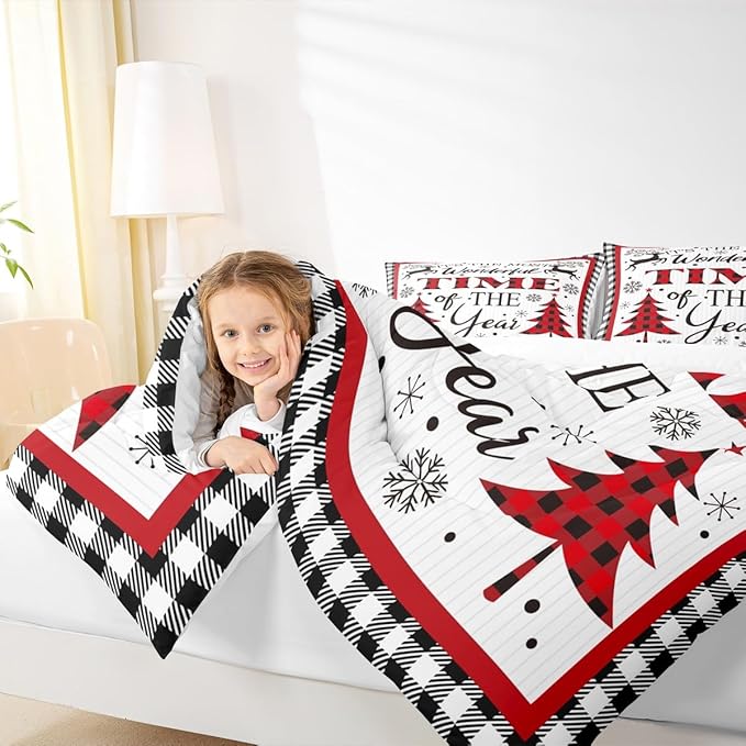 Merry Christmas Kids Comforter Set Twin Size,Snowflake Deer Pine Trees Romantic Bedding,Girls Boys Adults Bedroom/Xmas Cabin Decor,Grids Stylish Down Comforter,Rustic Duvet Insert,1 Pillowcase