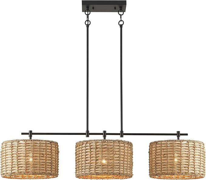 41" Chandelier Woven Rattan Light Fixture with 3 Wicker Lampshades, Large Linear Boho Chandeliers Drum Pendant Lights Kitchen Island