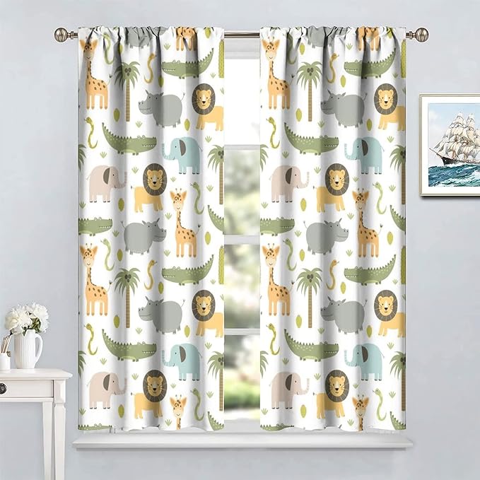 Nursery Safari Animals Window Curtains,Cartoon Woodland Jungle Forest Lion Elephant Giraffe Printed Pattern Blackout Drapes for Living Room Baby Boy Kids Bedroom 63x63in