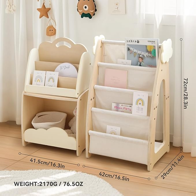 Kids Bookshelf with Storage, 3-Piece Modular Wooden Bookcase Organizer for Nursery, Bedroom, Playroom, Easy Assembly, Corner Shelf for Books & Toys, Natural Wood Design (A)