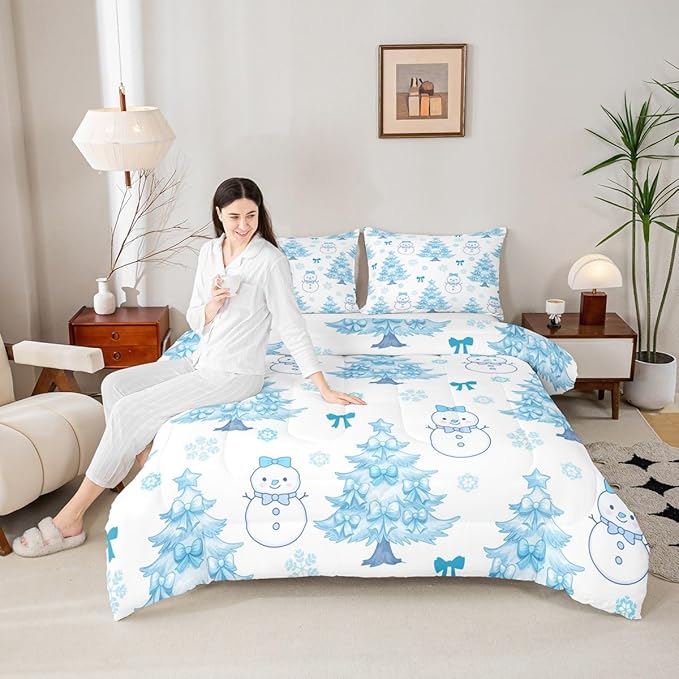 Feelyou Merry Christmas Bedding Set Soft for Boys Girls, Cute Snowman Comforter Set Full Size Cartoon Bowknot Duvet Quilt Microfiber Christmas Tree 3 Pcs with 2 Pillow Cases