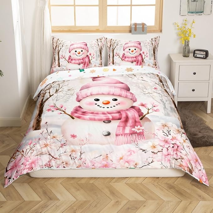 Manfei Christmas Kids Duvet Cover Set Queen Size, Cute Snowman Xmas Bedding Set for Boy Girls Room Decor, Pink Flower New Year Comforter Cover, Soft Polyester Quilt Cover, 2 Pillowcases, No Comforter