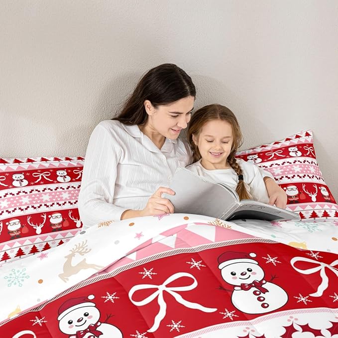 Feelyou Merry Christmas Tree Kids Comforter Set Twin Size Cute Snowman Bedding Set Santa Claus Duvet Quilt for Kids Boys Girls Bedroom Cartoon Bowknot Decor Microfiber Ultra Soft Breathable