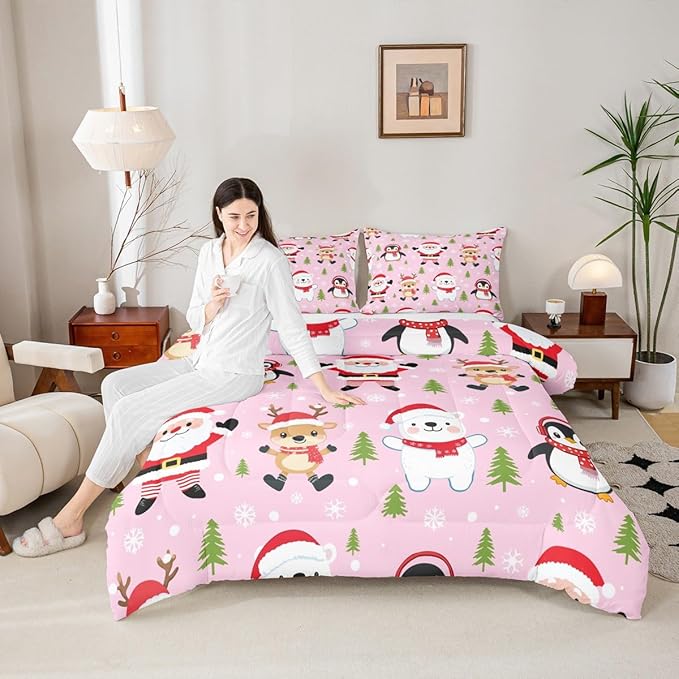 Feelyou Pink Christmas Bedding Set Soft for Boys Girls, Santa Claus Comforter Set Queen Size Penguin Deer Duvet Quilt Microfiber Xmas Snowflake Tree Bedroom Decor 3 Pcs with 2 Pillow Cases
