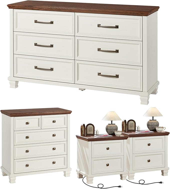 Farmhouse Bedroom Dresser and Nightstand Set of 4, 6 Drawer Low & 5 Drawers Dresser & 2 Drawer Nightstand Set, Rustic Wood Furniture Set for Bedroom, Hallway, White