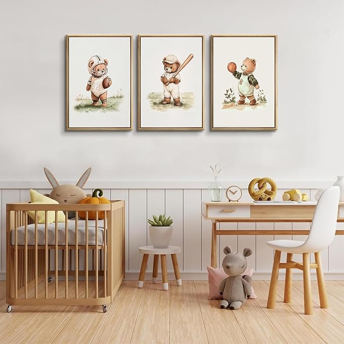 3Pcs Nursery Teddy Bear Canvas Wall Art Vintage Sports Bear Wall Decor Sports Boys'Room Artwork Prints Basketball Football Baseball Painting Pictures for Children's Room Boys' Room (12x16in poster)